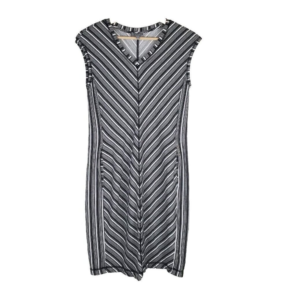 T By Talbots Shift Dress Small Black White Stripe Bodycon Pockets Athleisure